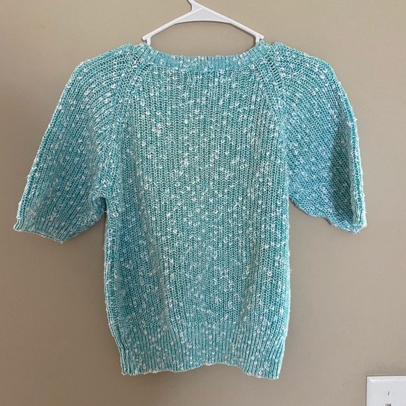 Yarn Works Petite Mint Green White Knit Short Sleeve Sweater - Picture 5 of 7